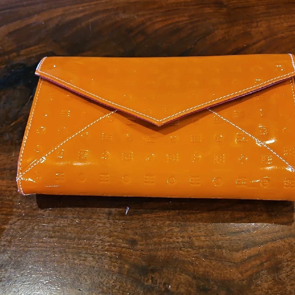 Vibrant Orange Patent Leather Clutch By ARCADA NEW . With Wristlet